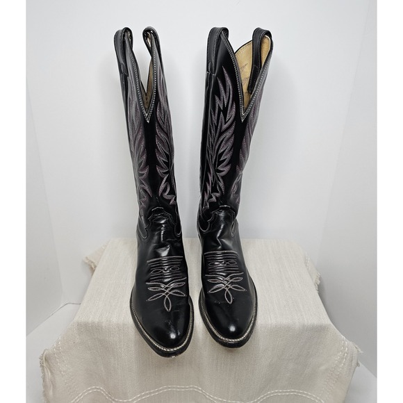 Vintage Justin Women's Black Pink Embroidered Western Boots - Picture 1 of 6